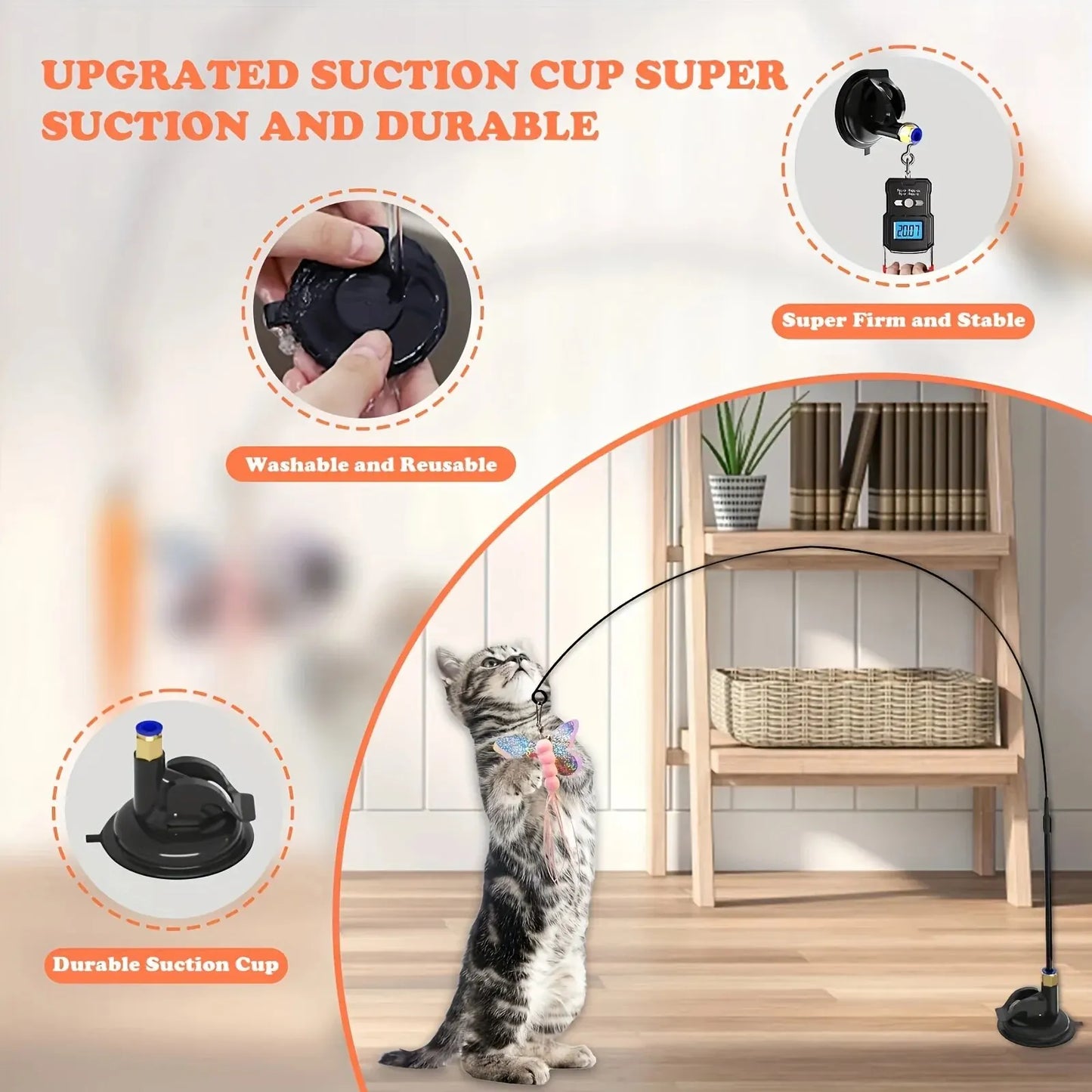 Cat Teaser Toy - Interactive Bell & Feather Wand with Suction Cup